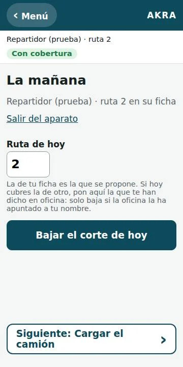 App de la PDA del repartidor con la pantalla de la mañana