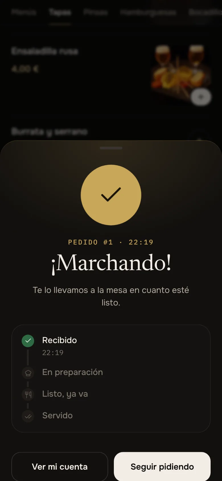Pantalla de pedido enviado con el seguimiento del estado