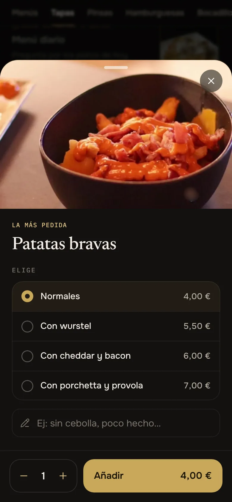 Ficha de las patatas bravas con sus variantes y precio