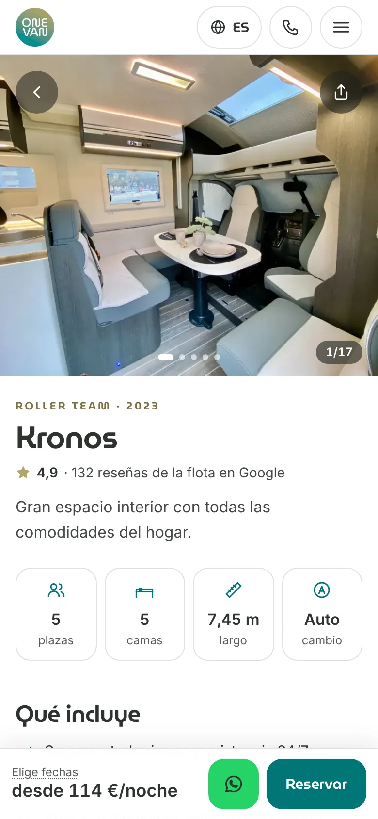 Ficha de la autocaravana Kronos con fotos, plazas, camas y botón de reservar