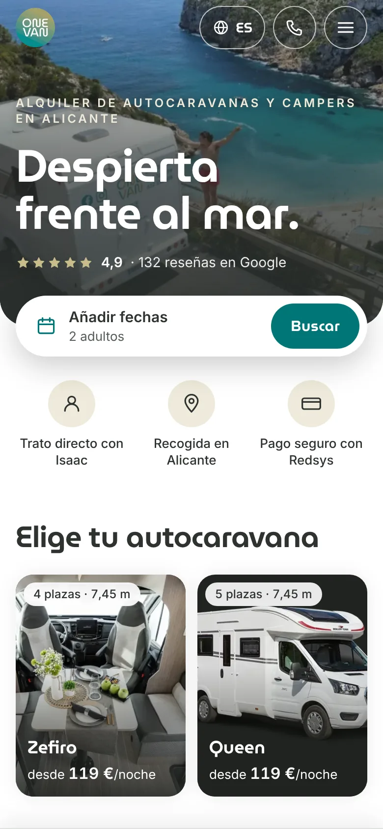 Portada de la web de OneVan en un móvil, con el buscador de fechas y las autocaravanas